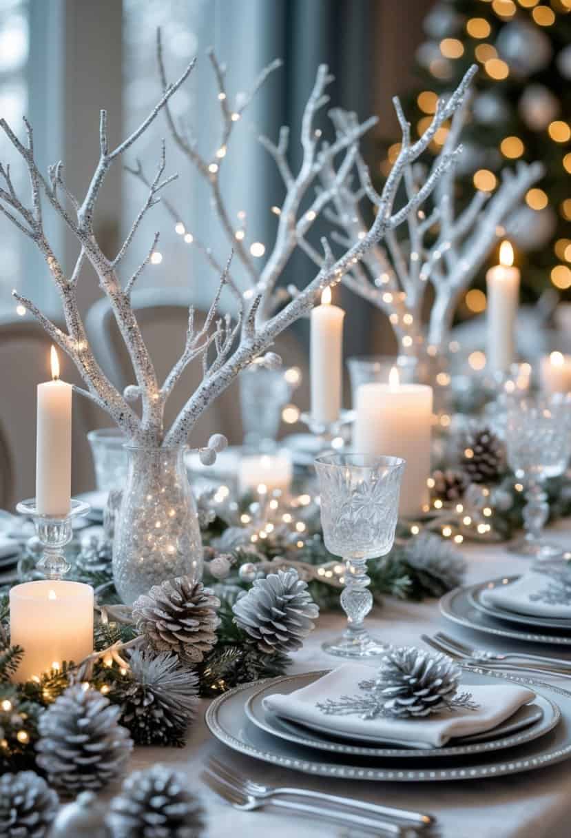 A table decorated with glittered branches, candles, and winter-themed ornaments in a festive setting.