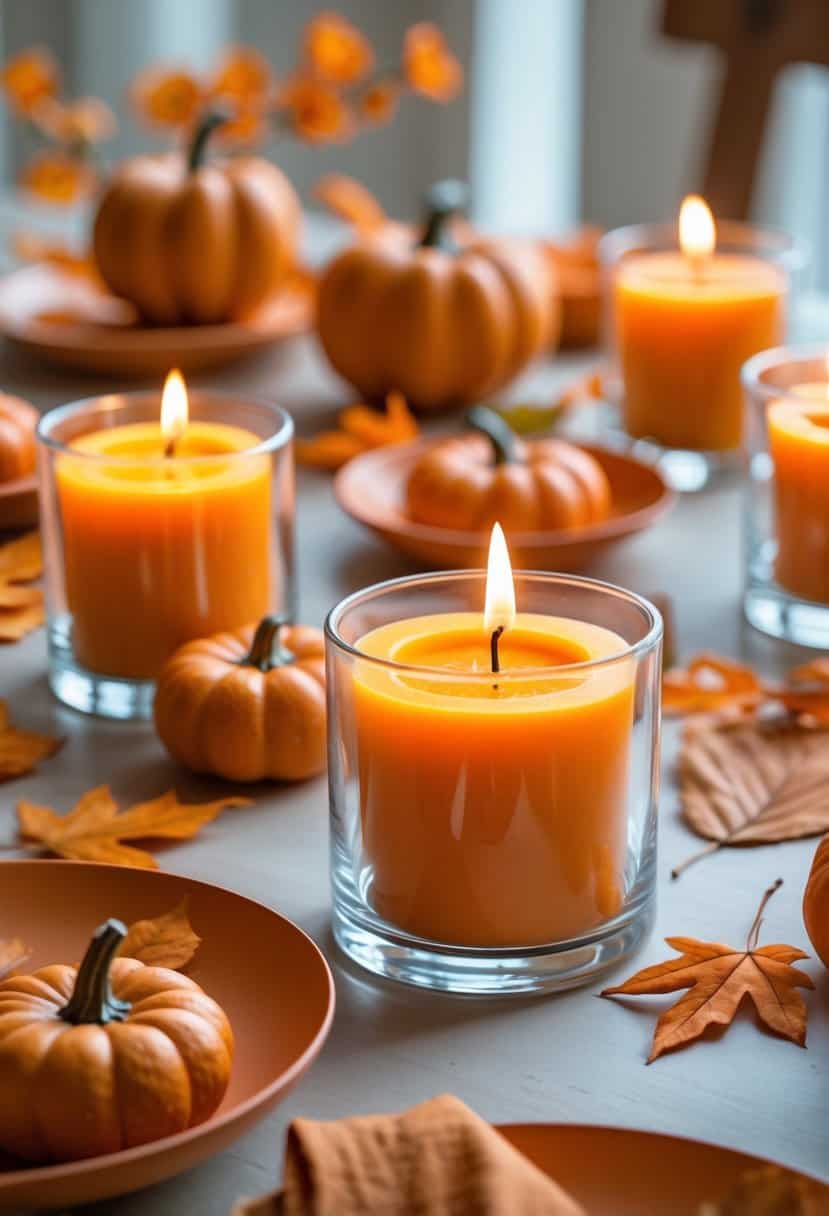 A table set with orange beeswax candles in glass holders surrounded by orange decorations and autumn leaves.
