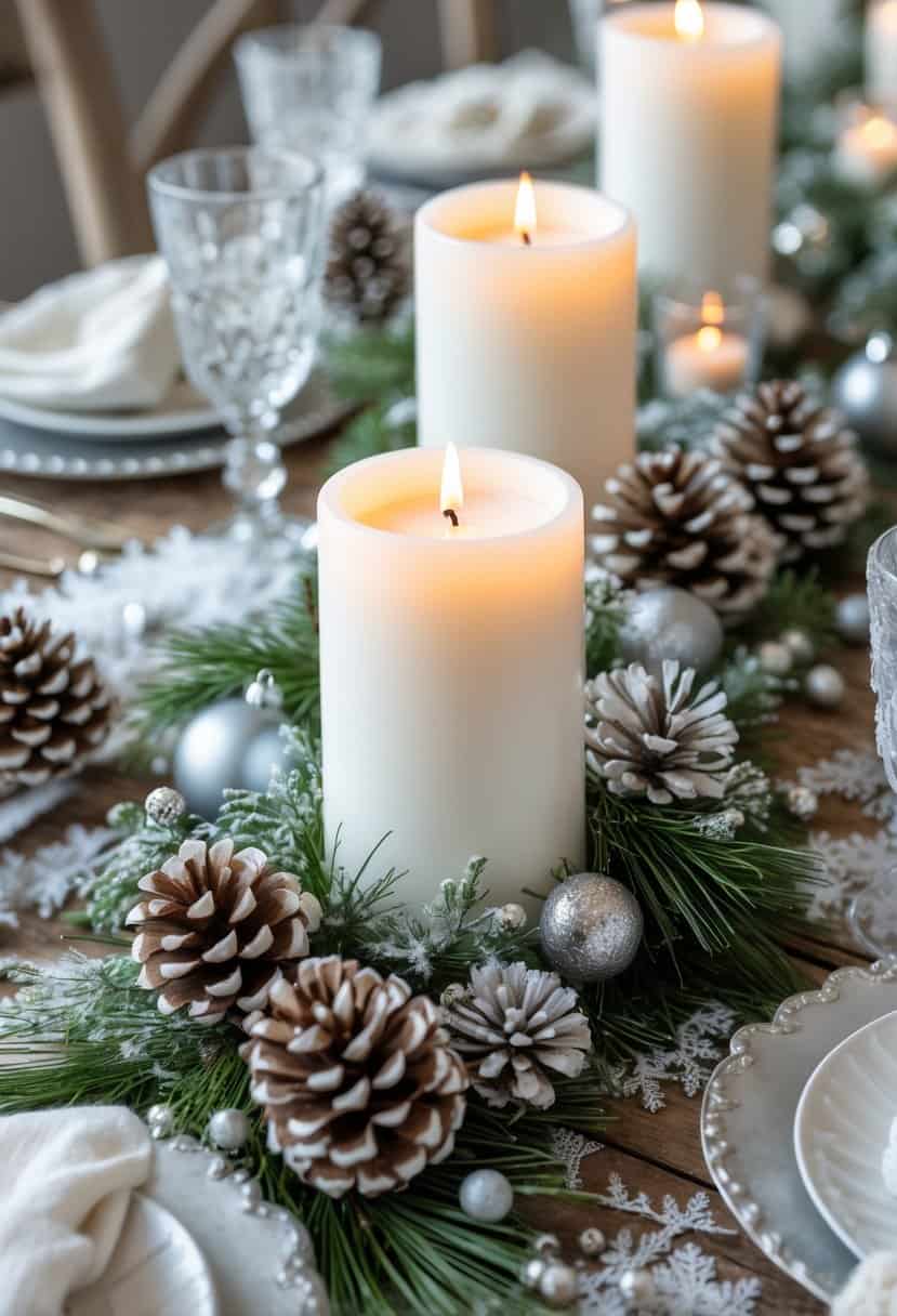 A table decorated with white pillar candles and pinecones surrounded by winter greenery and soft lighting.
