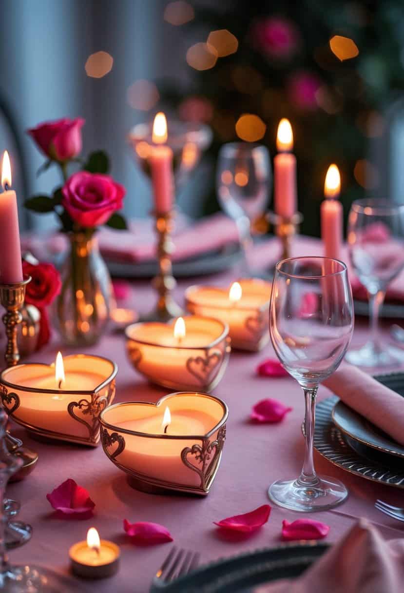 A romantic table setting with lit candles in heart-shaped holders surrounded by rose petals and decorative flowers.