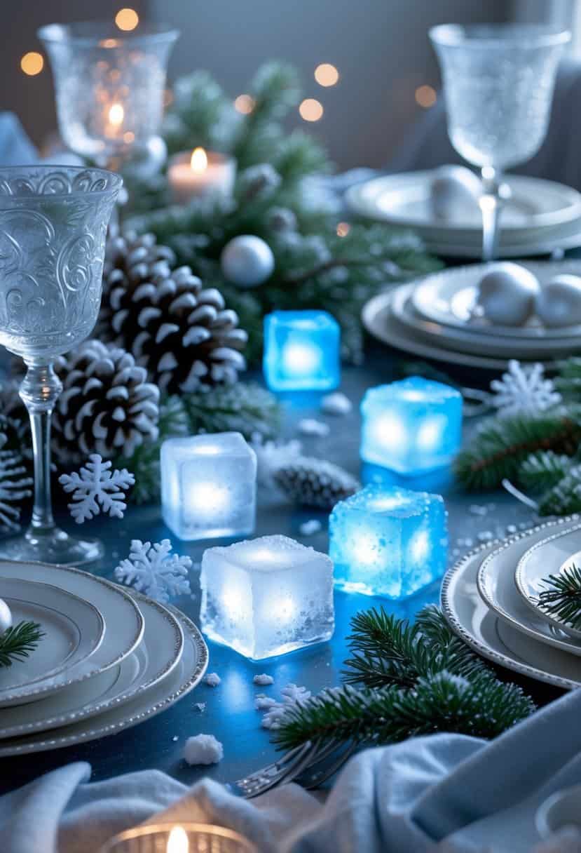 A winter-themed table setting with glowing LED ice cubes, pinecones, evergreen branches, and snowflake decorations.