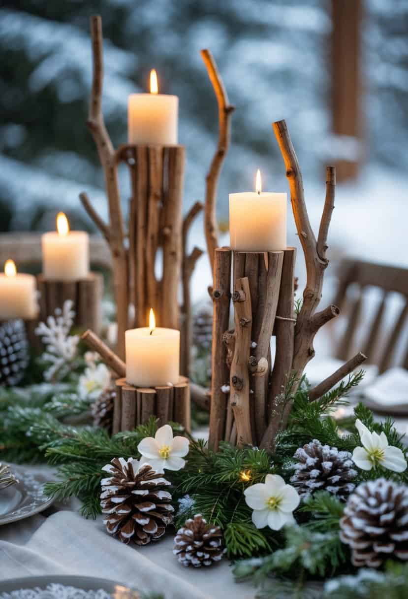 A winter table setting with rustic twig candle holders lit with candles, surrounded by pinecones and evergreen branches.