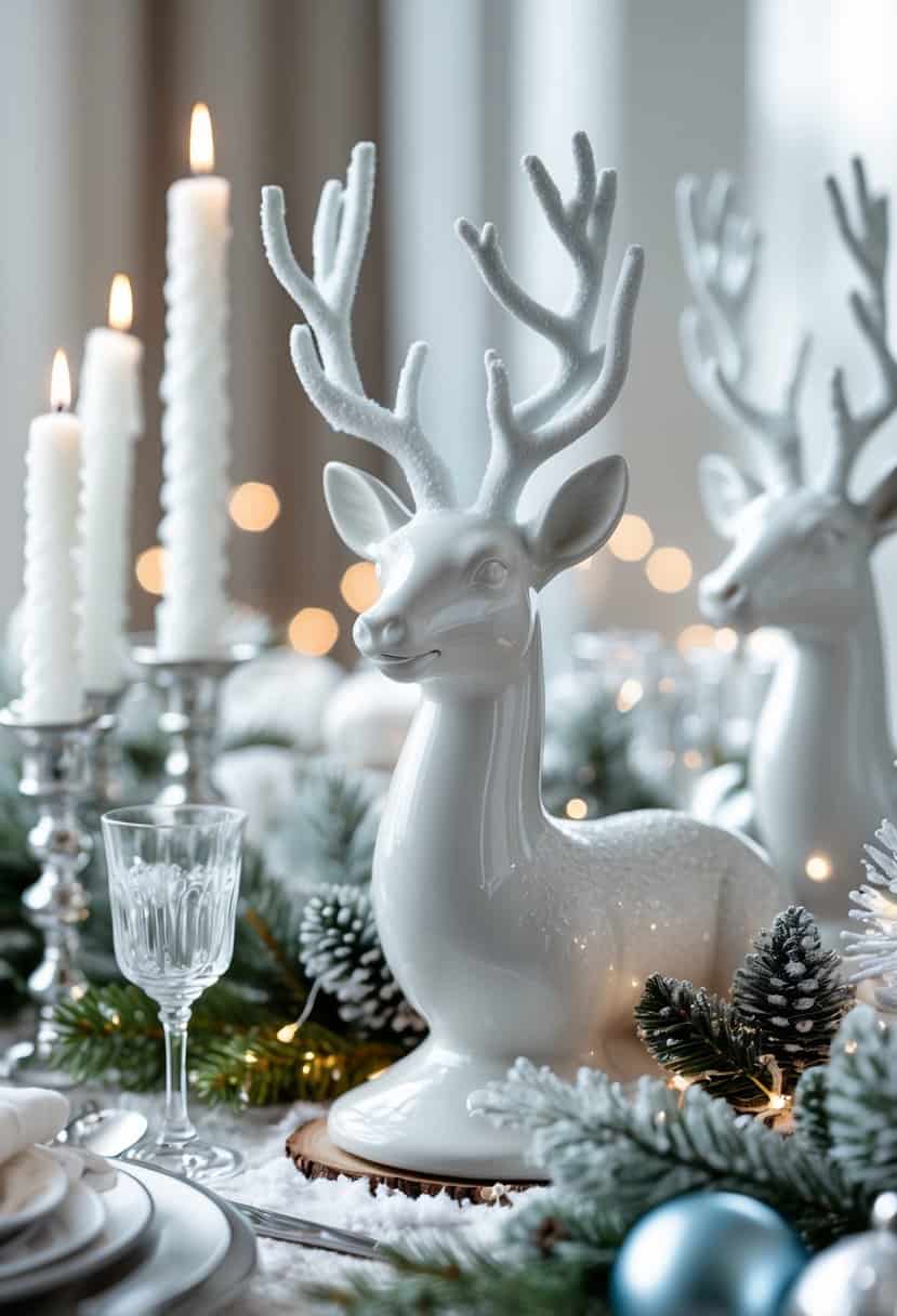 A winter table setting with white ceramic reindeer statues surrounded by pine branches, candles, and festive decorations.