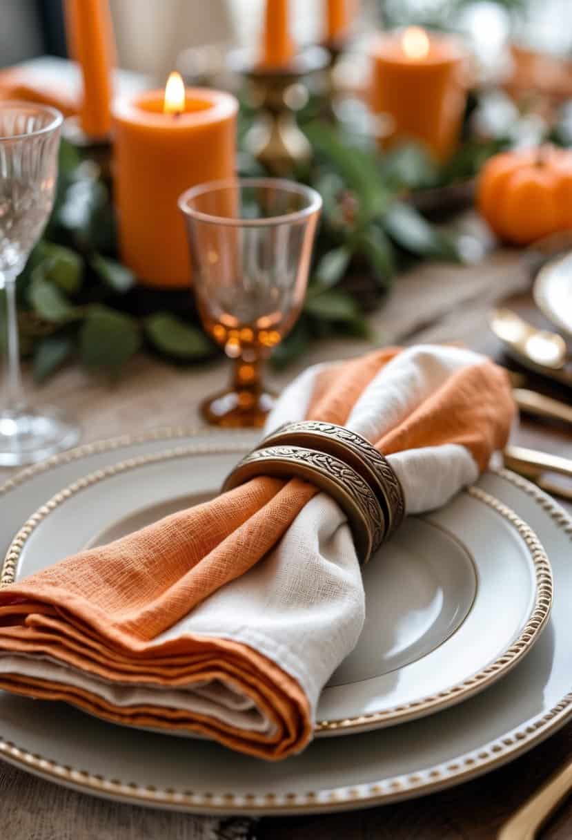 A table setting with orange and cream cotton napkins held by bronze rings, surrounded by orange-themed decor.