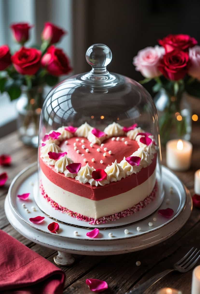 Heart-shaped cake covered by a glass cloche on a wooden table with rose petals, candles, and a bouquet of roses.