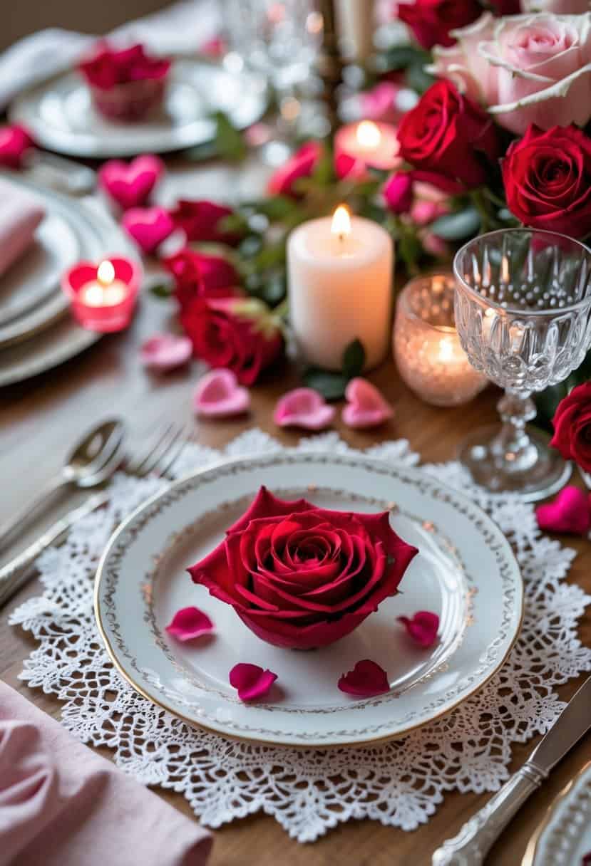 A Valentine's Day table set with plates on delicate white lace doilies, surrounded by roses, candles, and romantic decorations.