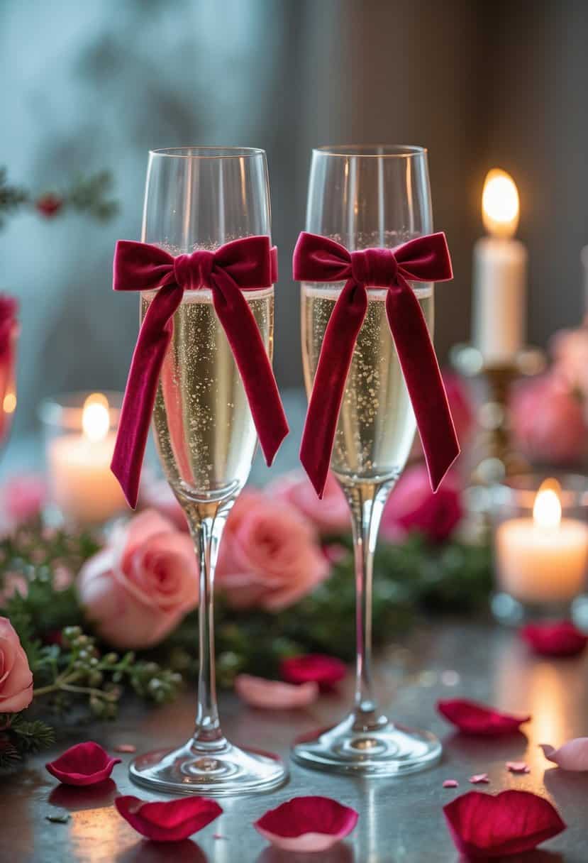 Two champagne flutes with velvet ribbons tied around their stems on a romantic Valentine's Day table decorated with rose petals and candles.