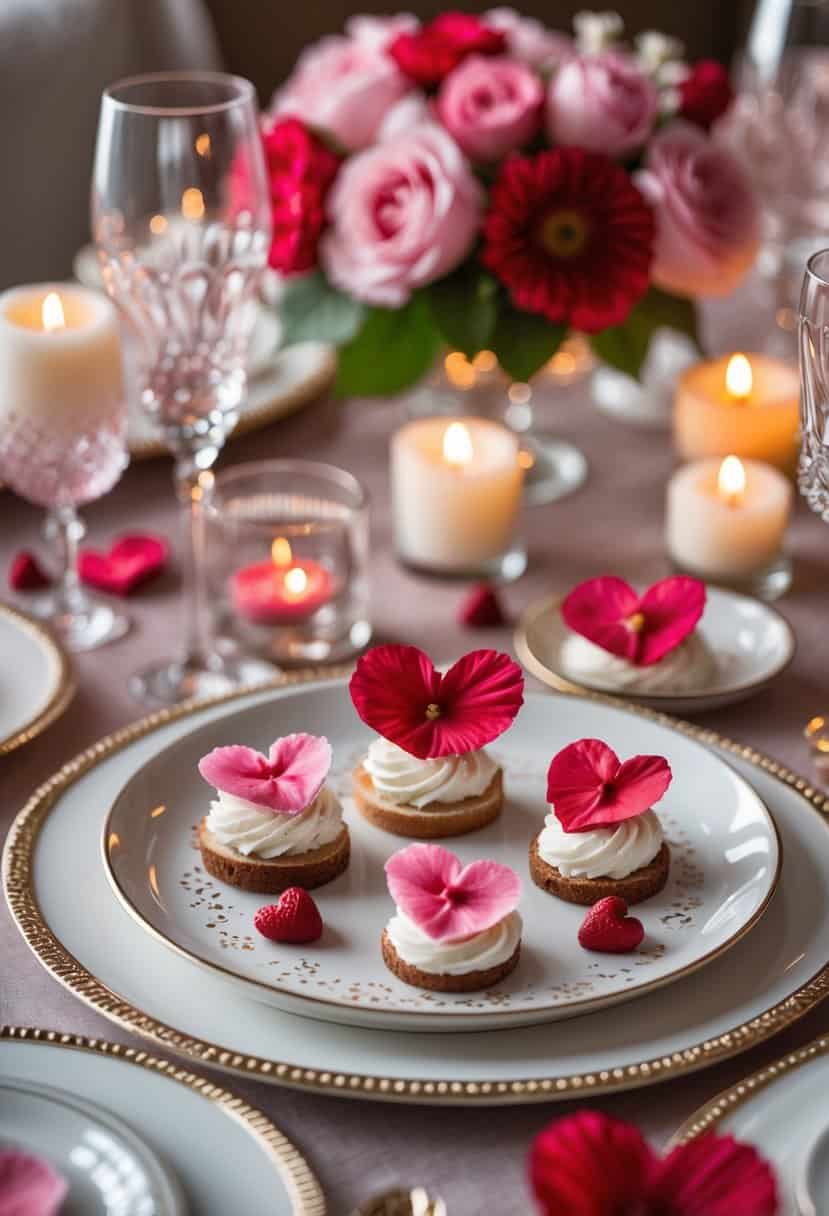 A Valentine's Day table set with heart-shaped edible flower garnishes on plates, surrounded by flowers, candles, and glassware.