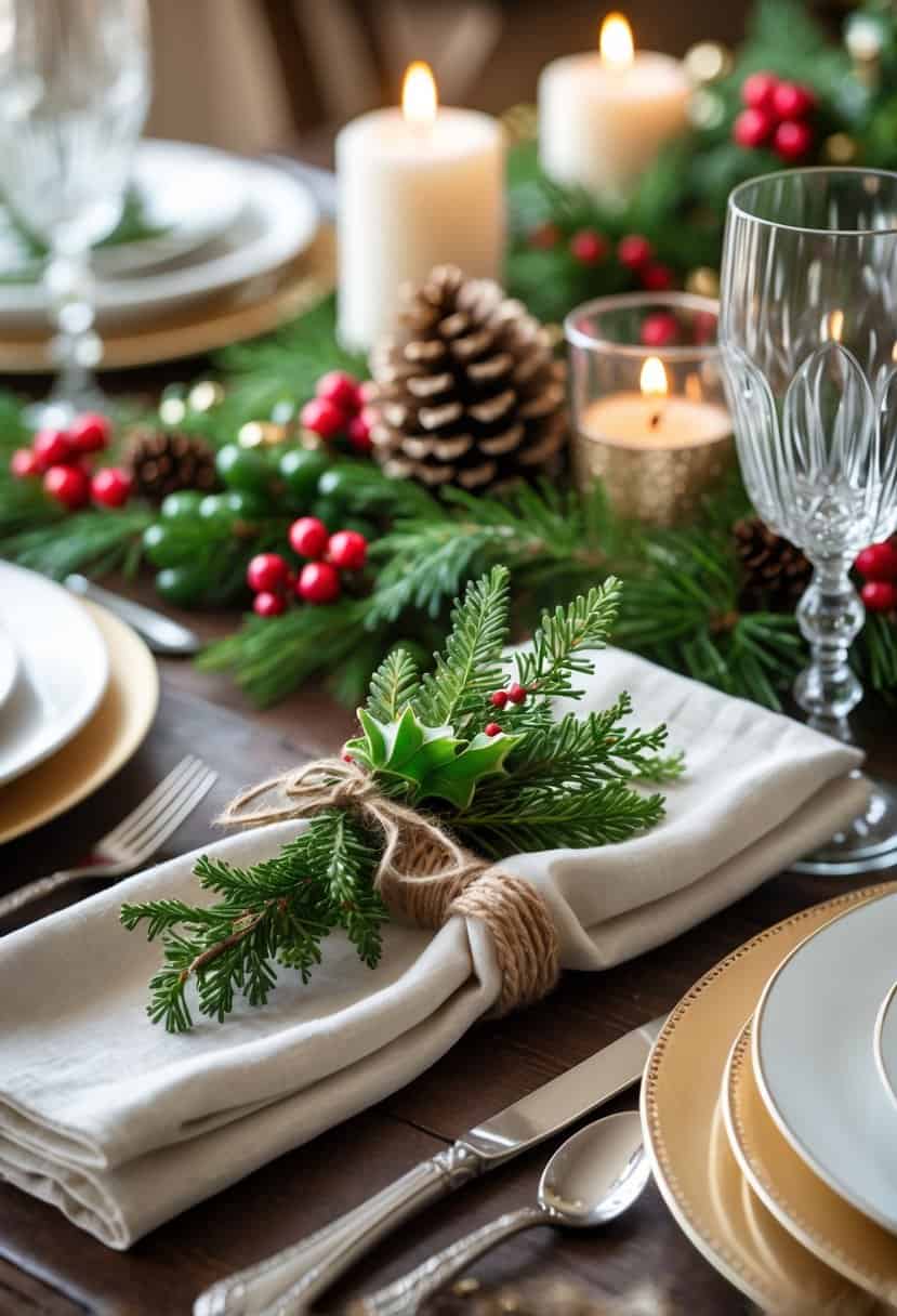 A Christmas table set with white plates and cloth napkins wrapped with green sprigs as napkin rings, surrounded by festive decorations like red berries and pine cones.