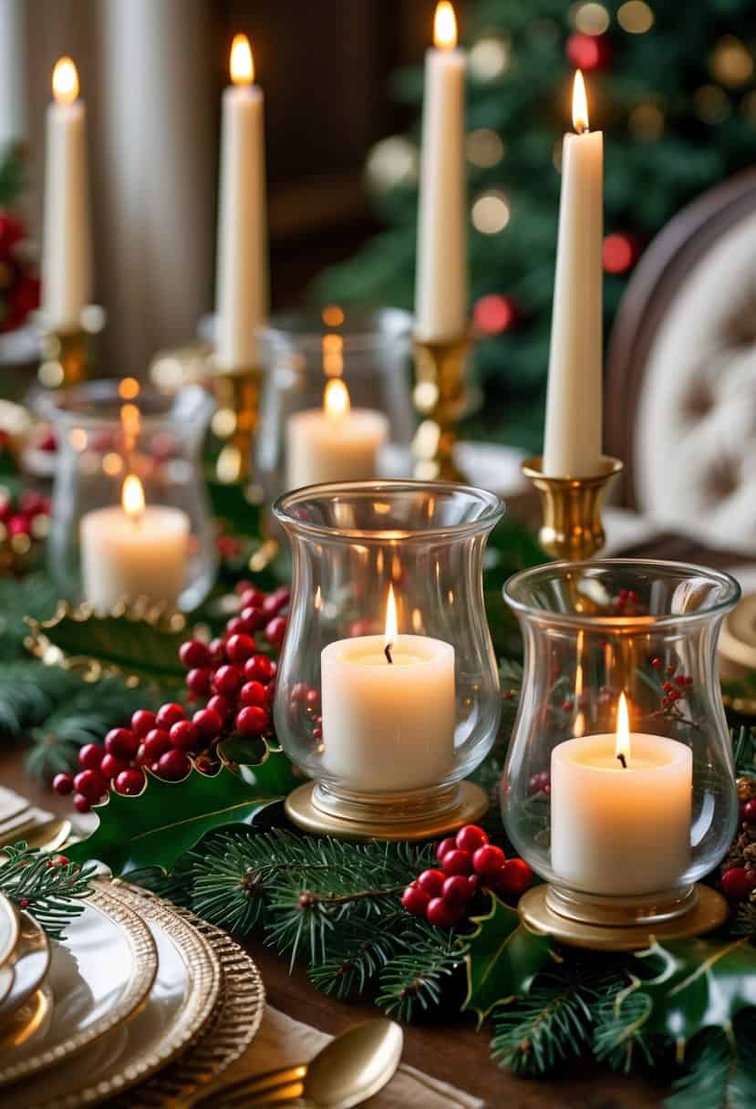 A Christmas table decorated with lit candles in glass hurricane holders surrounded by festive greenery and red berries.