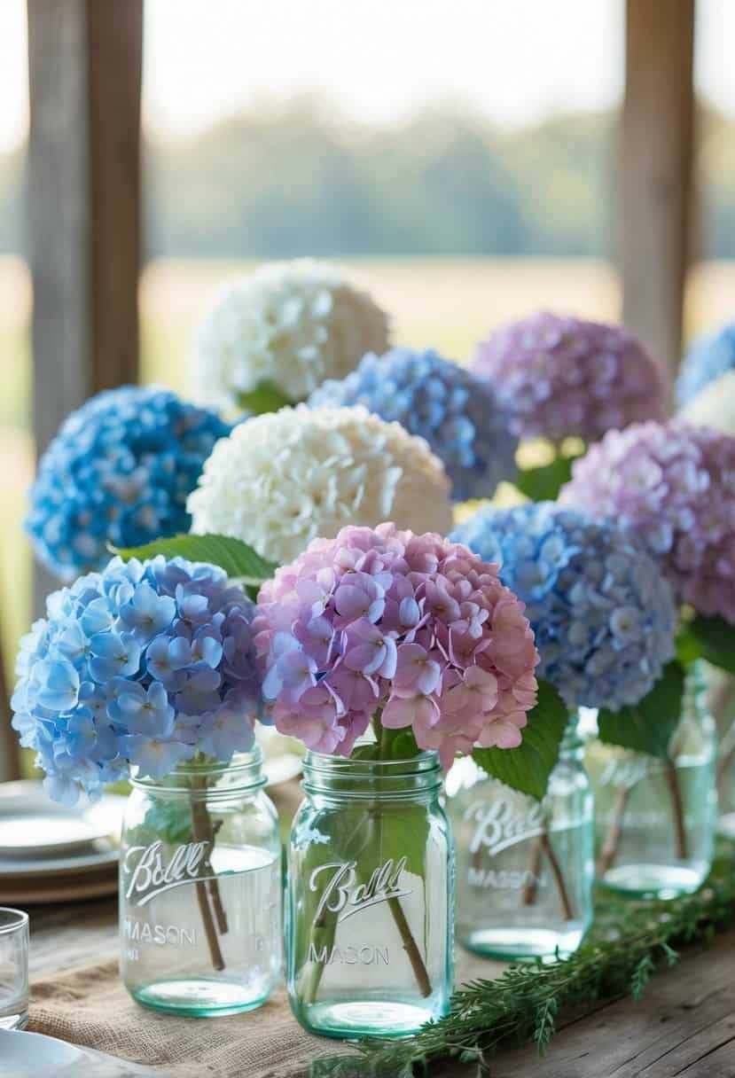 Multiple mason jars filled with colorful hydrangea flowers arranged on a wooden table.