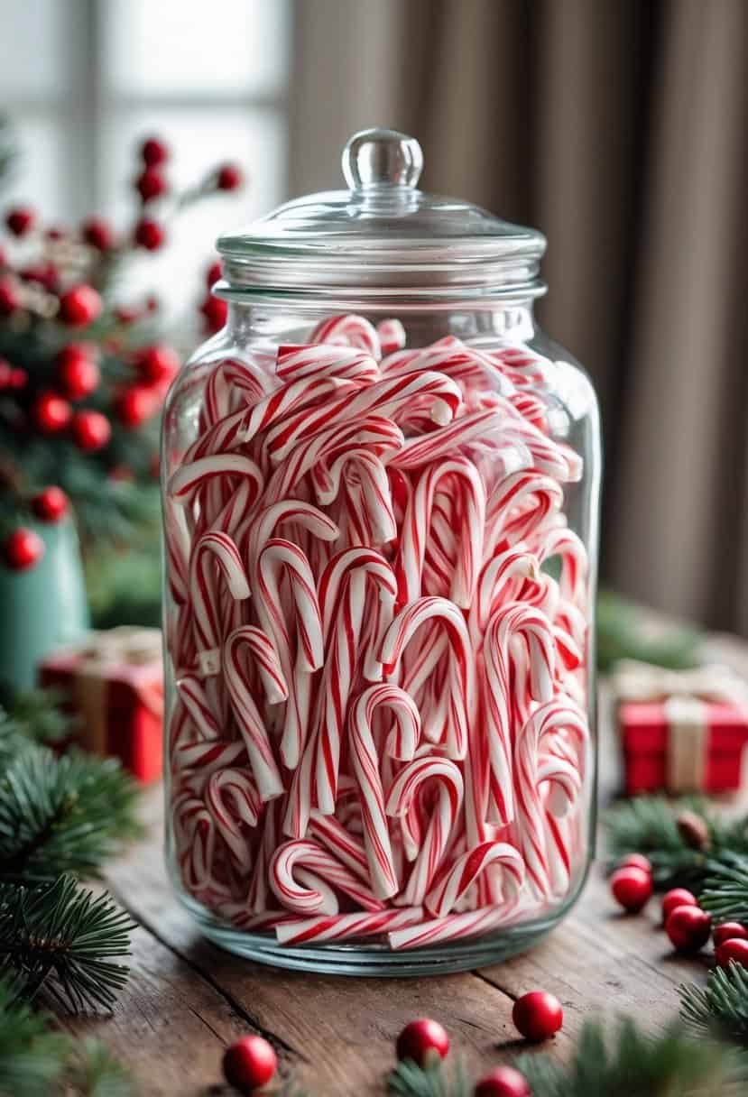 A glass jar filled with mini candy canes placed on a wooden table with holiday decorations around it.