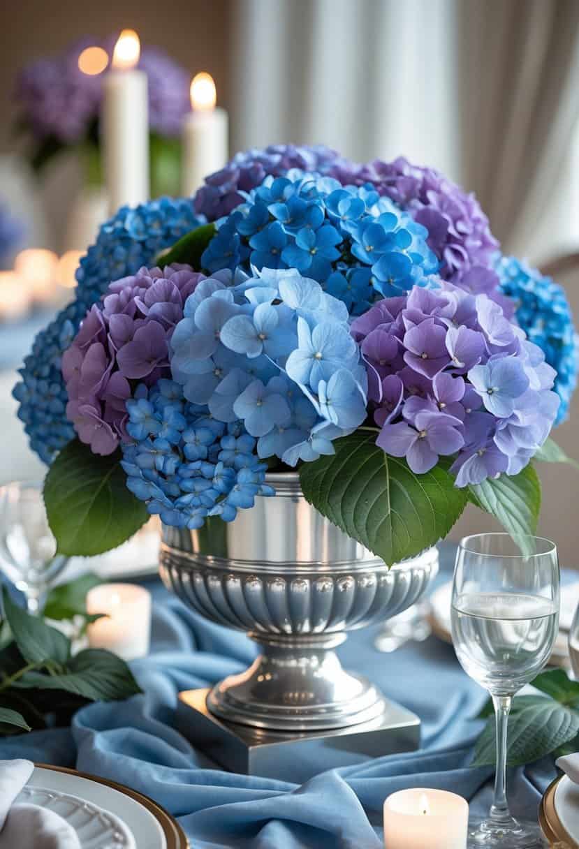 A silver urn filled with blue and purple hydrangeas placed on a decorated table.