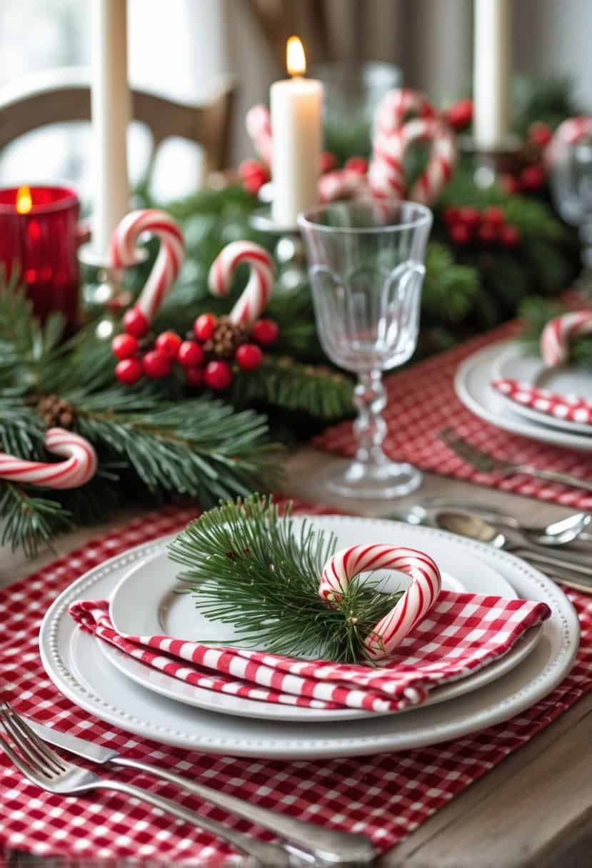 A holiday table set with red and white gingham placemats, white plates, candy canes, and festive decorations including pine branches and candles.