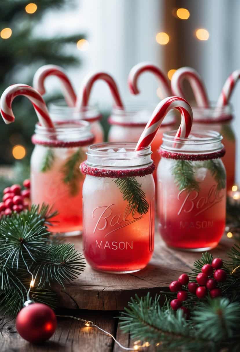Several mason jars filled with drinks wrapped with candy canes on a decorated wooden table with holiday greenery and ornaments.