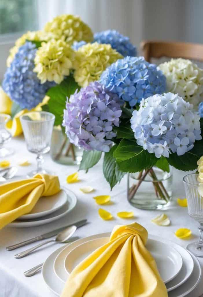 A dining table set with white plates, yellow napkins, glassware, and vases of blue, yellow, and lavender hydrangeas; yellow petals scattered on the white tablecloth.