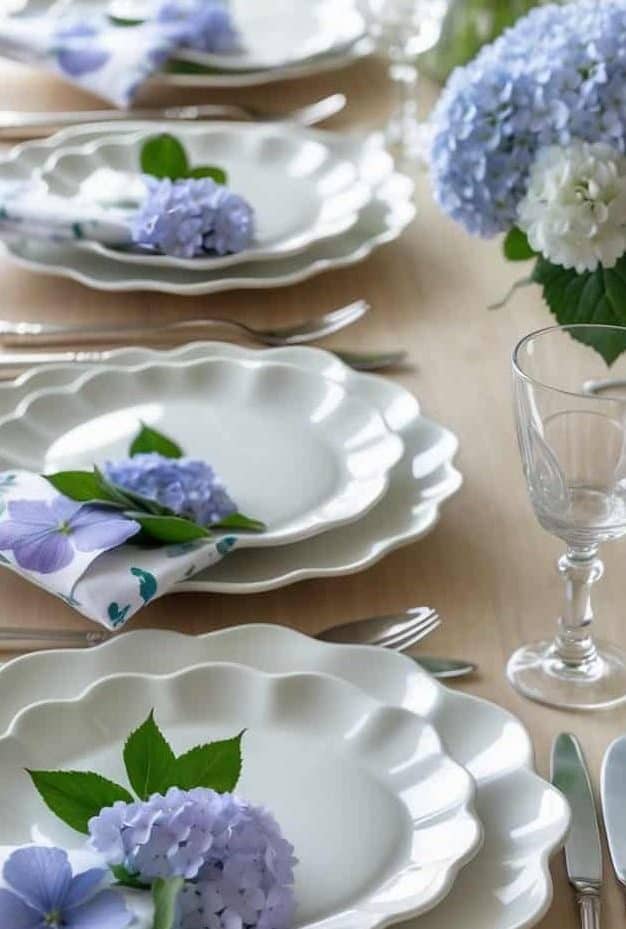 A dining table set with white china plates, silver cutlery, floral napkins, and decorated with blue and purple hydrangea flowers in vases and on each place setting.