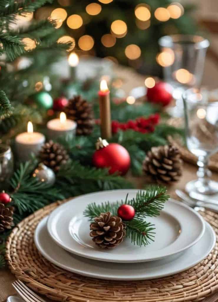 A festive table setting with white plates, pinecones, evergreen sprigs, and Christmas ornaments, surrounded by candles and blurred holiday lights in the background.