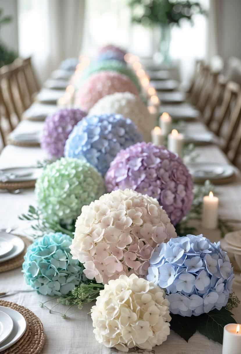 A dining table decorated with numerous pastel-colored hydrangea floral foam spheres arranged as a centerpiece.