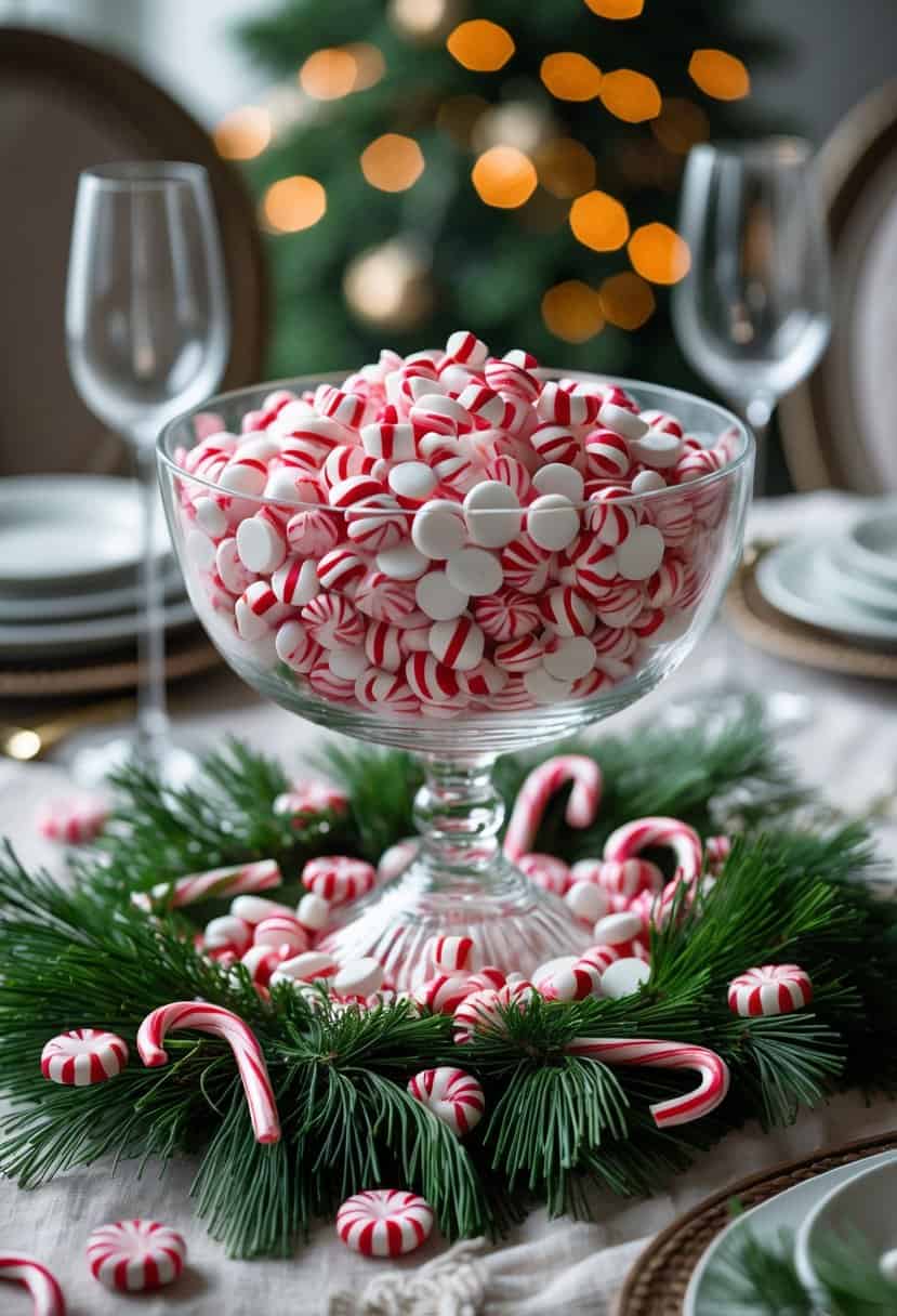 A peppermint candy centerpiece with pine needles and candy canes on a decorated holiday table.
