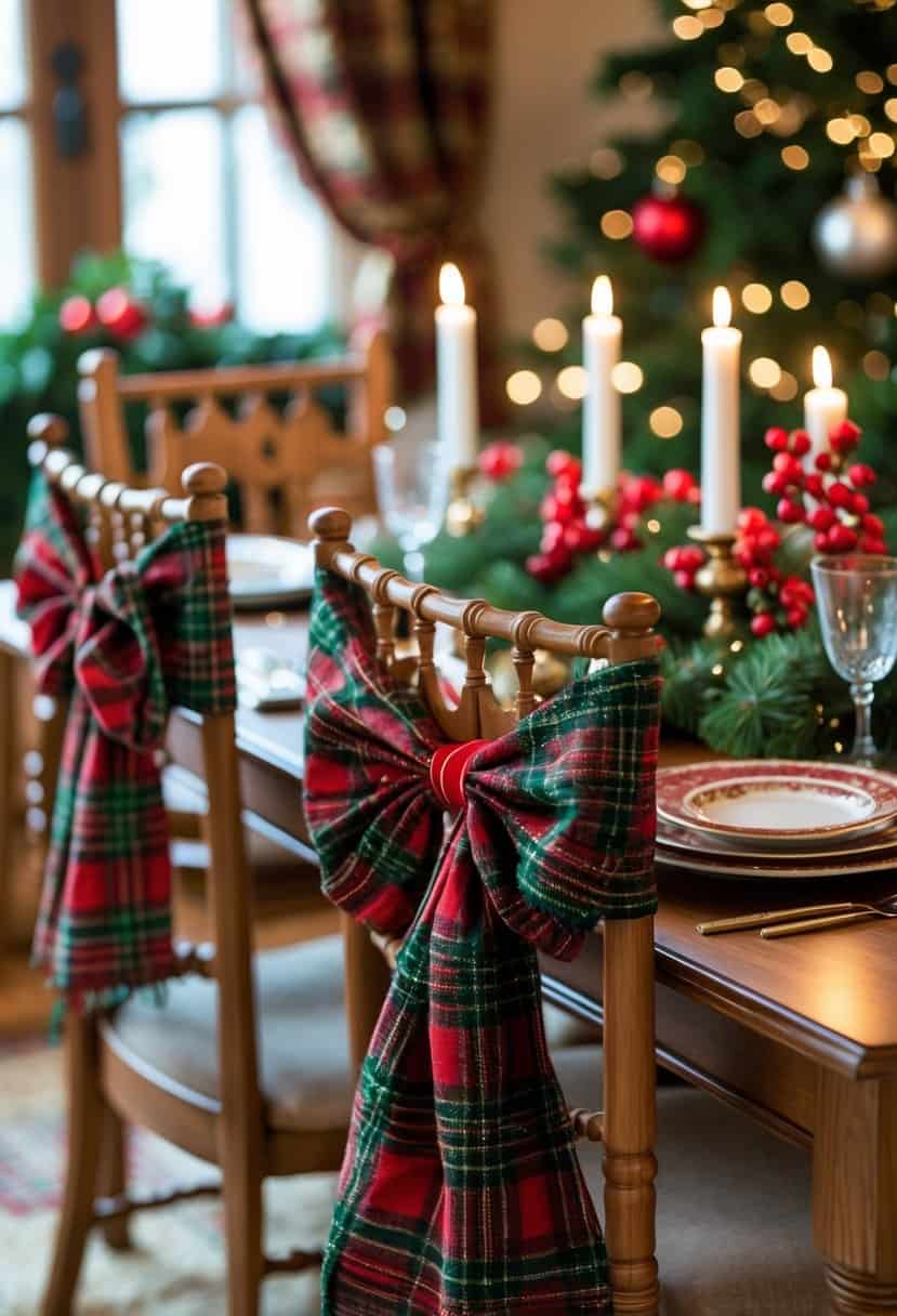 A dining table set for Christmas with red and green tartan chair sashes tied around chairs and festive decorations on the table.