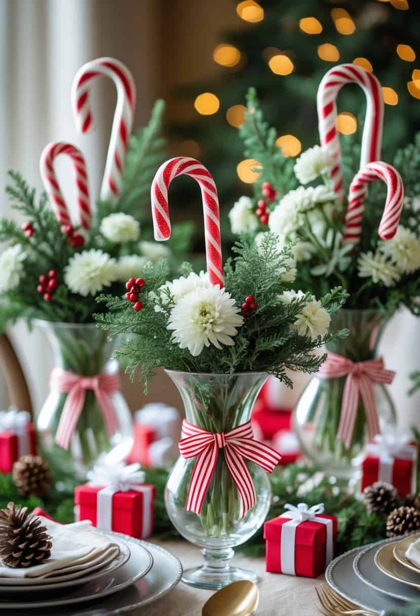 A festive table with glass vases wrapped in red and white striped ribbons, filled with greenery and white flowers, surrounded by holiday decorations.