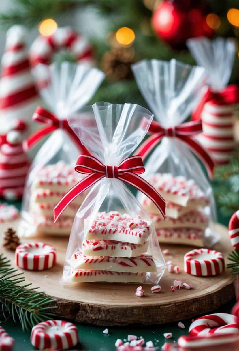 Mini peppermint bark candies wrapped in clear bags tied with red and white ribbons arranged on a festive holiday table with candy cane decorations and pine branches.