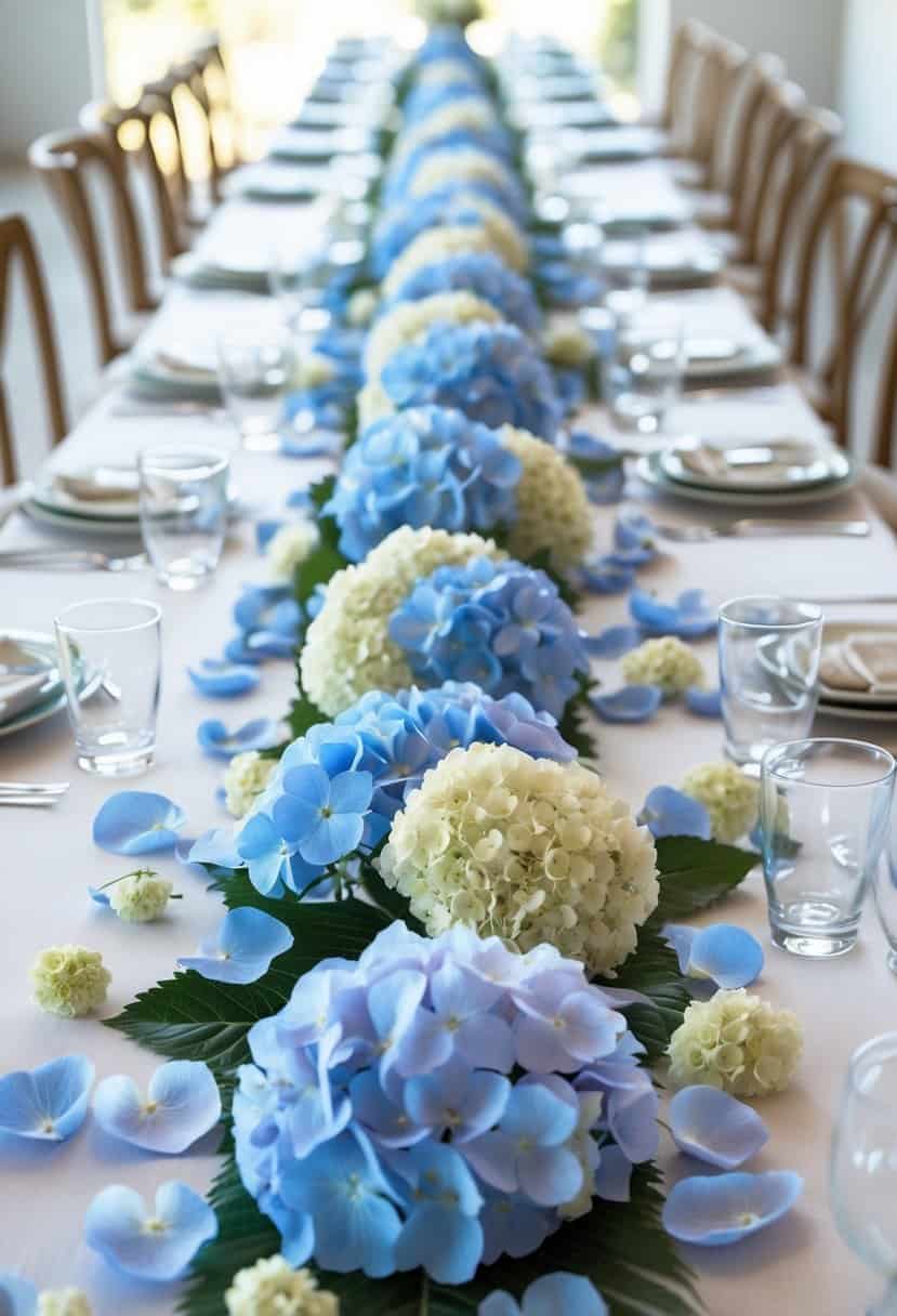 A long banquet table covered with scattered blue and white hydrangea petals arranged as a centerpiece.