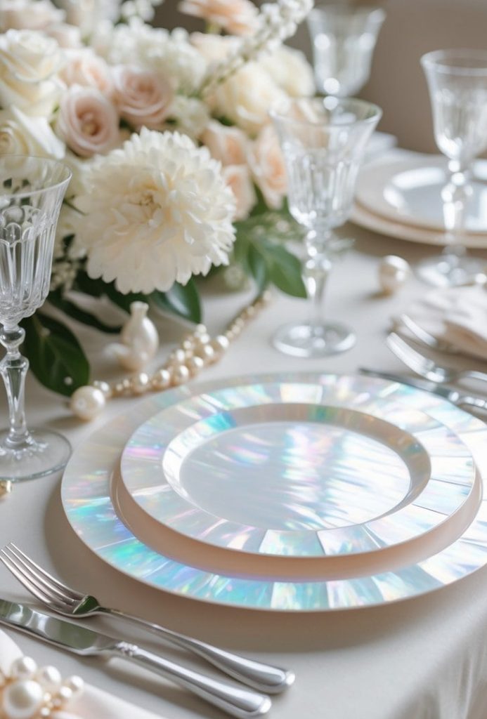 Elegant table setting with iridescent plates, crystal glasses, silver cutlery, and a floral centerpiece featuring white and pale pink flowers.