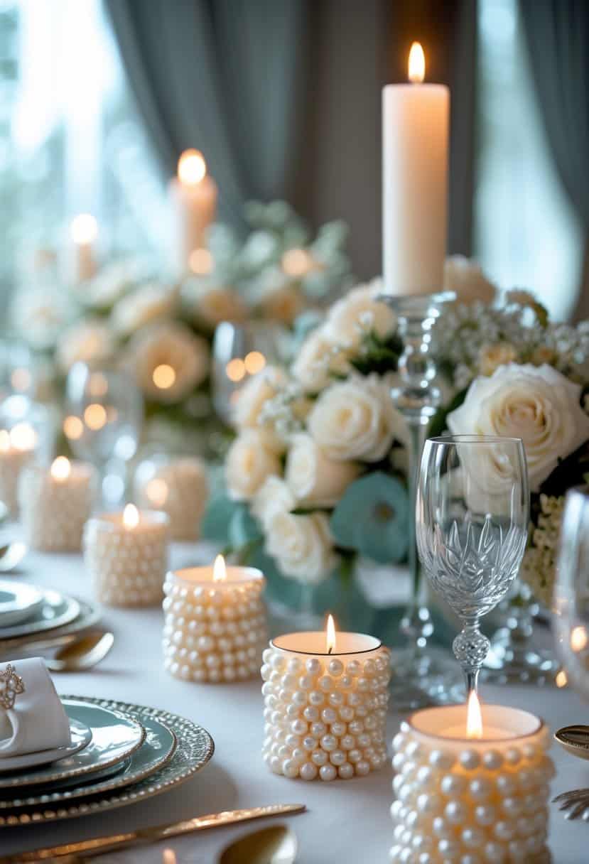 A dining table set with pearl-embedded tealight holders glowing softly among elegant tableware and floral decorations.