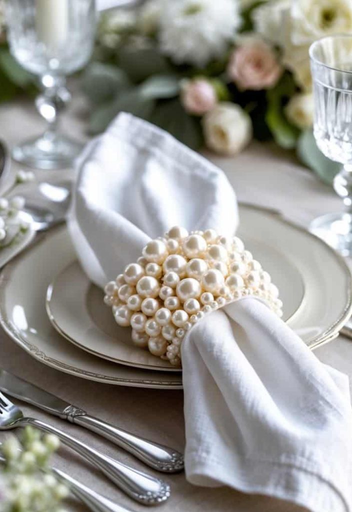 Elegant place setting with a white napkin in a beaded napkin ring on stacked plates, surrounded by glassware, cutlery, and floral arrangements.