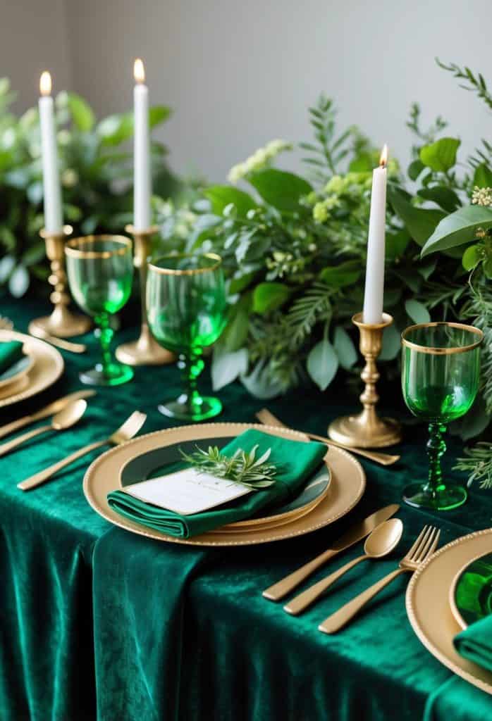A formal dining table set with green velvet tablecloth, gold-rimmed plates, gold cutlery, green glasses, white candles, and leafy green centerpieces.