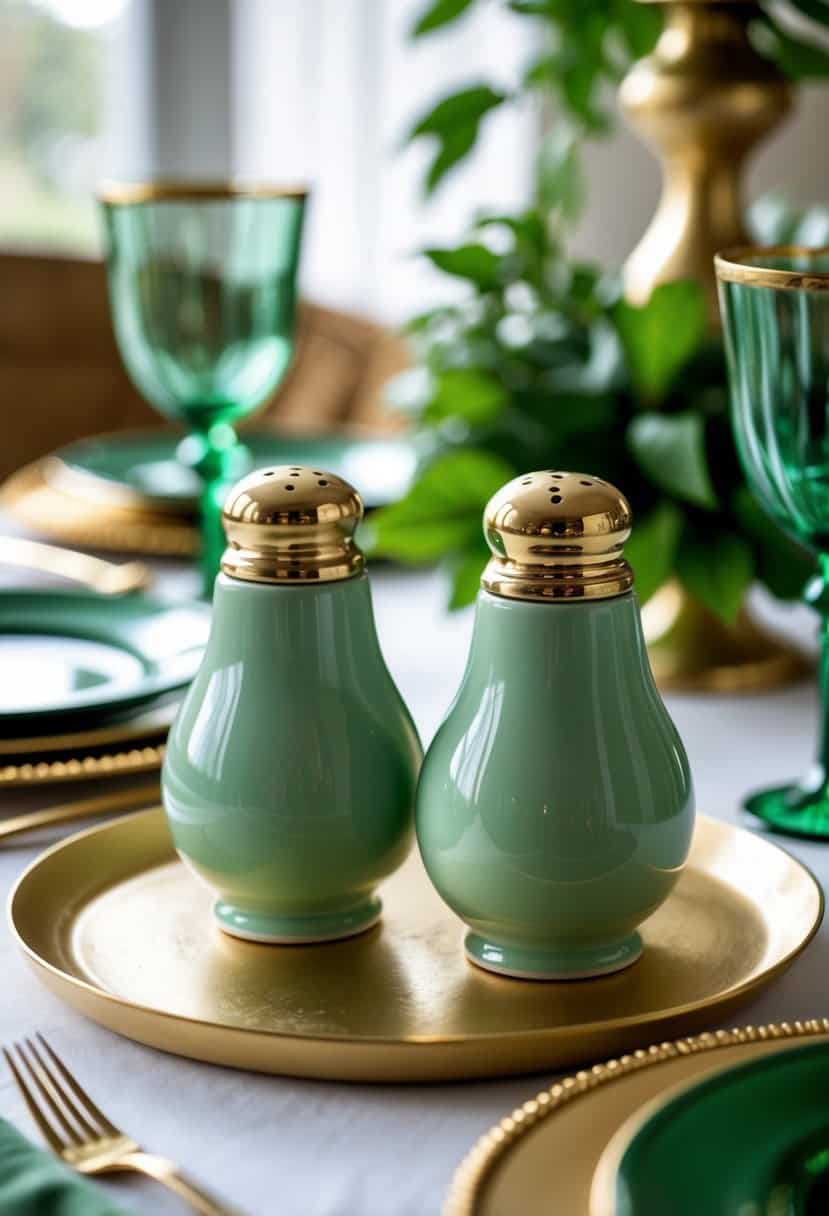A pair of sage green ceramic salt and pepper shakers on a table decorated with green and gold tableware and greenery.