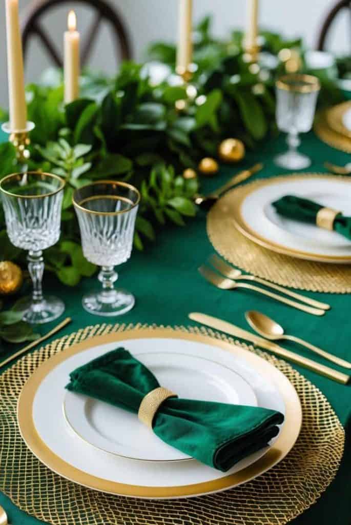 Elegant table setting with green tablecloth, gold and white plates, gold cutlery, green napkins with gold rings, crystal glasses, and a leafy garland centerpiece with candles.