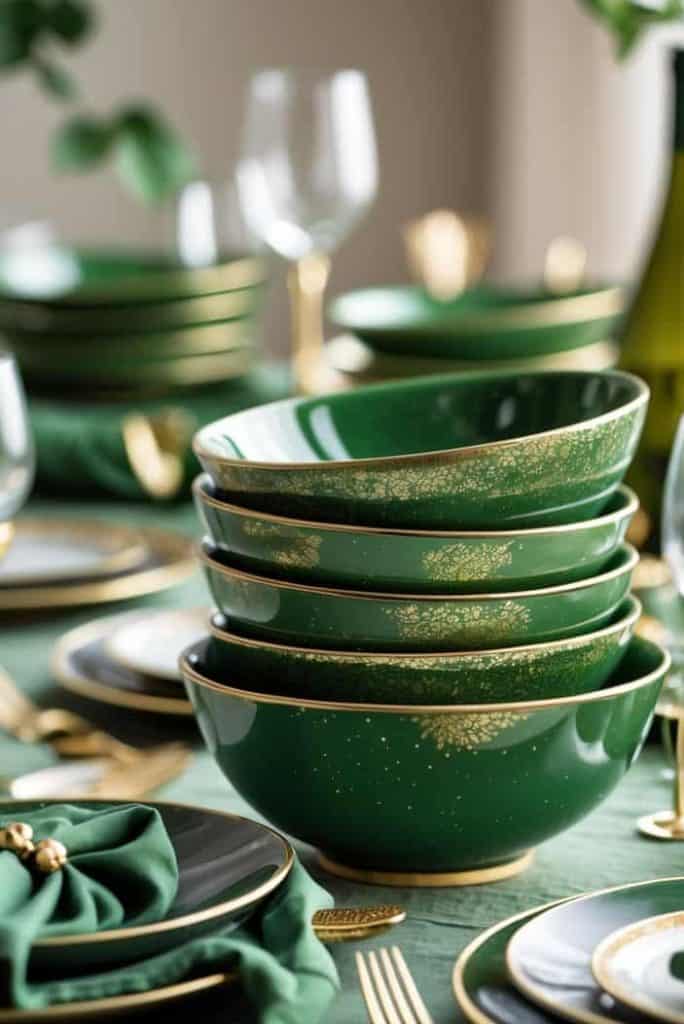 A stack of green bowls with gold detailing is placed on a formal dining table set with matching green and gold dinnerware and napkins.