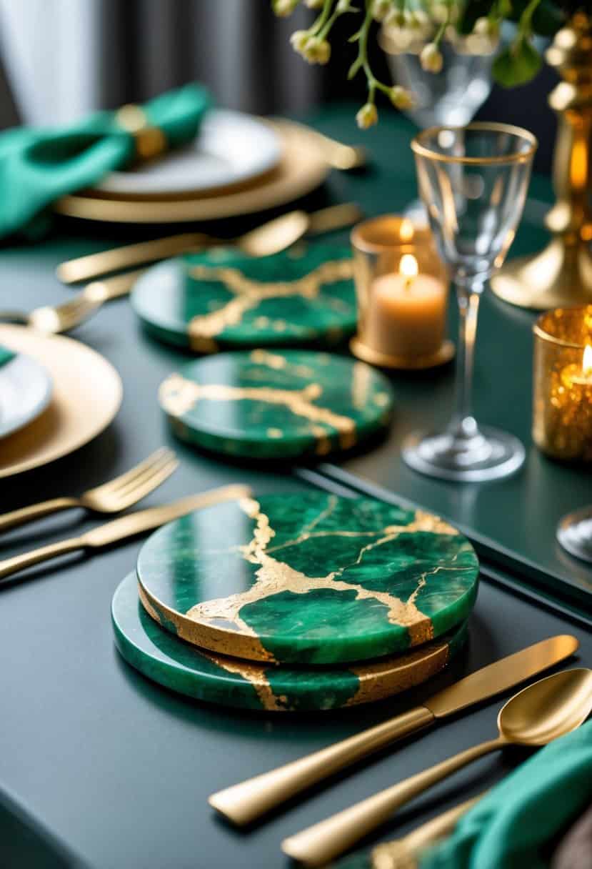 Green and gold marble coasters arranged on a table with matching green and gold table decorations.