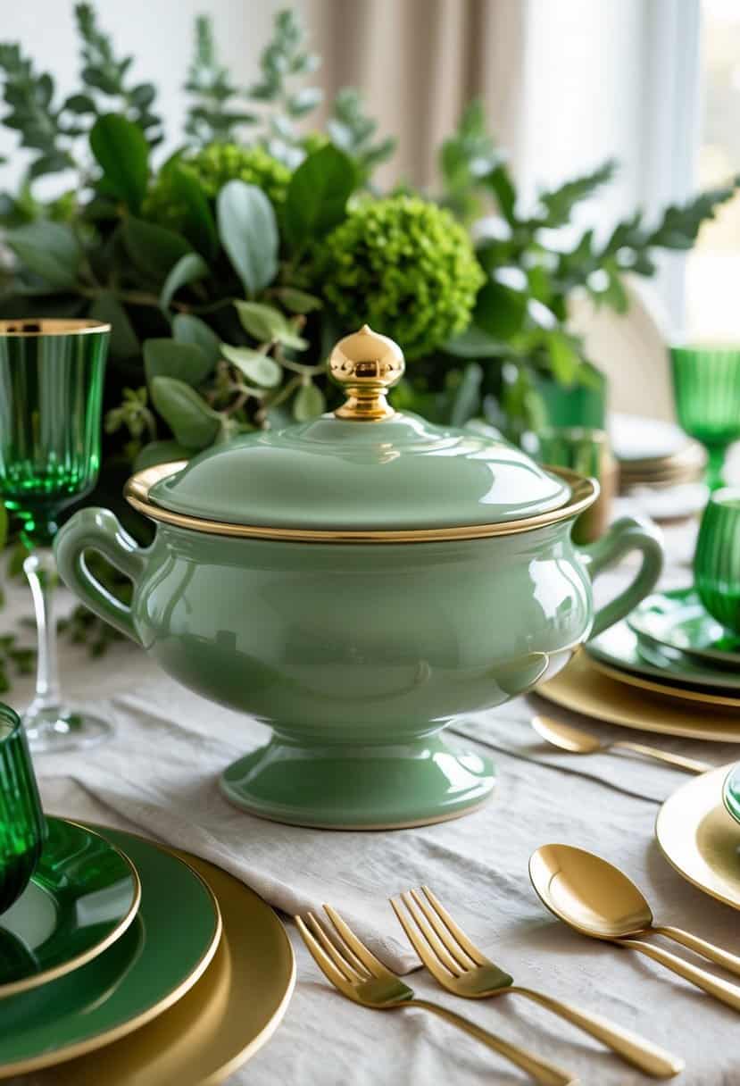 A sage green ceramic tureen with a gold lid knob on a table decorated with green and gold tableware and greenery.