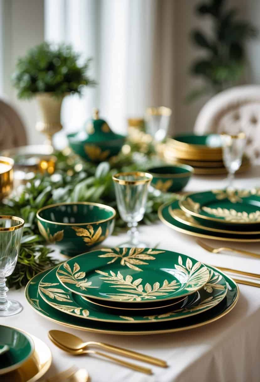 A table set with green and gold leaf-patterned porcelain serving dishes arranged with matching tableware and greenery.