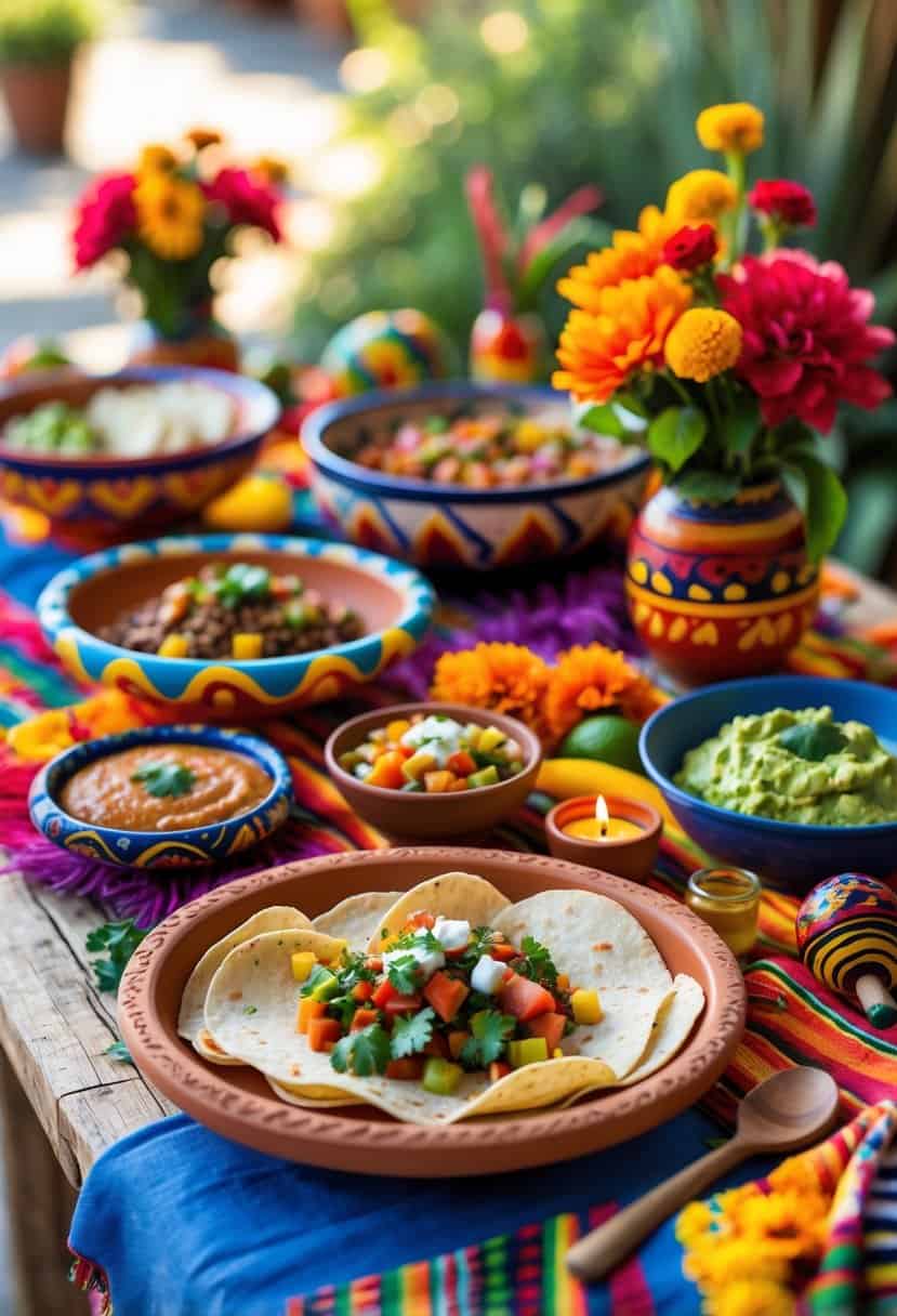 A colorful table set with handmade clay serving dishes filled with Mexican food and festive decorations.