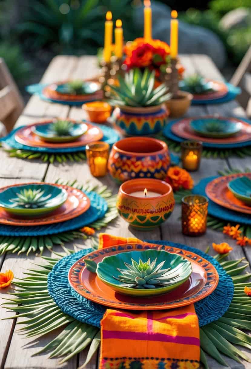 A festive outdoor table set with rustic green agave leaf place mats, colorful plates, napkins, candles, and flower petals.