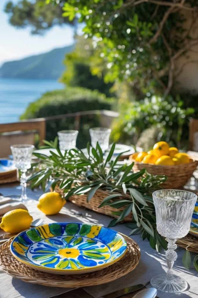 A sunlit outdoor table set with colorful plates, glassware, woven placemats, lemons, and olive branches, overlooking the sea and green hills.