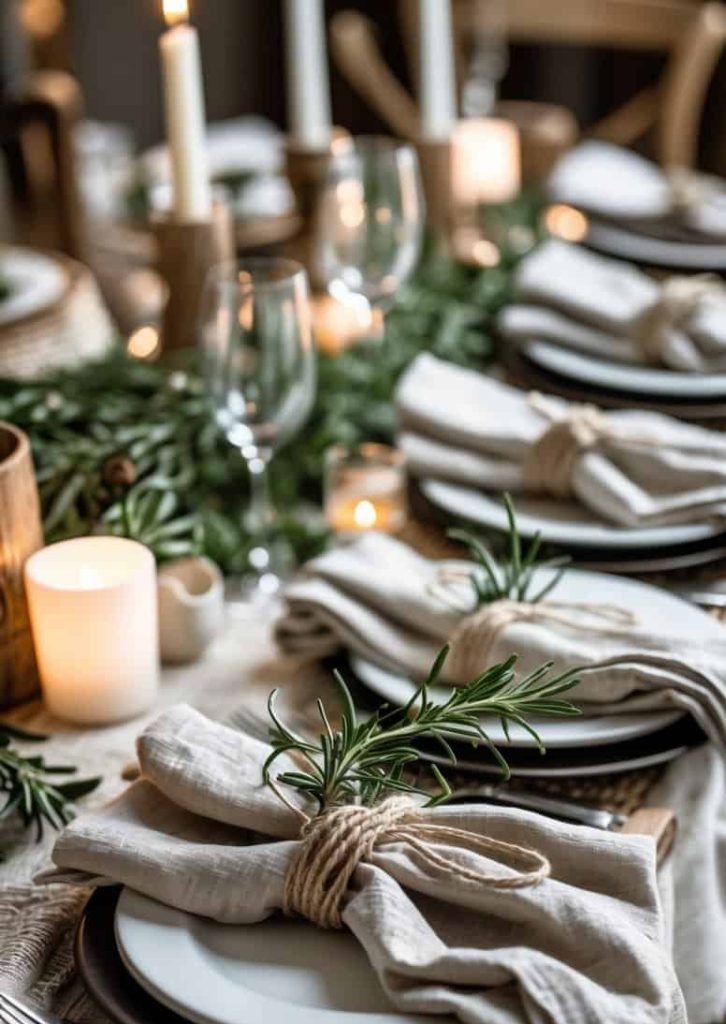 A dining table set with white plates, linen napkins tied with twine and herbs, clear glasses, candles, and greenery as decoration.