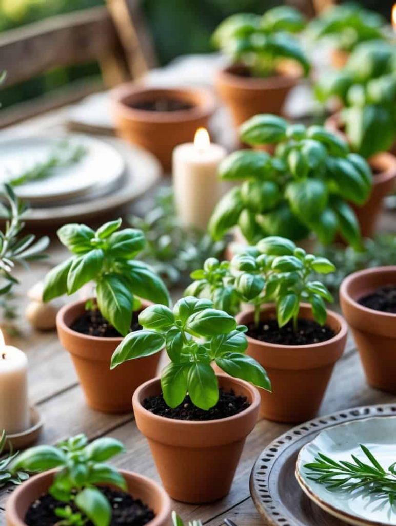 Potted basil plants are arranged on a wooden table set with plates, cutlery, candles, and sprigs of herbs for a meal.