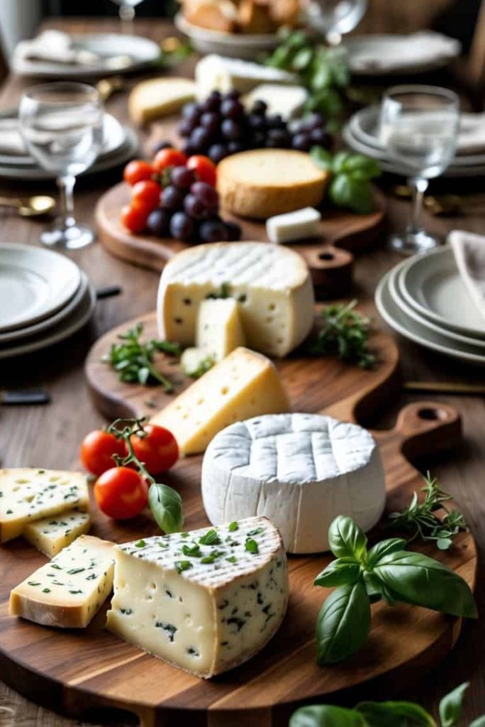 A table set with plates, glasses, and serving boards displaying assorted cheeses, grapes, tomatoes, and herbs, prepared for a meal.