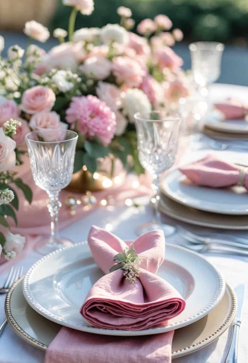 A wedding table set with rosy pink linen napkins, white plates, floral centerpieces, glassware, and silverware.