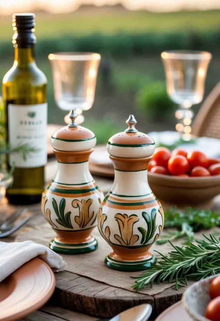 Ceramic salt and pepper shakers sit on a rustic outdoor table set with plates, glasses, rosemary sprigs, a bottle of olive oil, and a bowl of cherry tomatoes, with fields in the background.