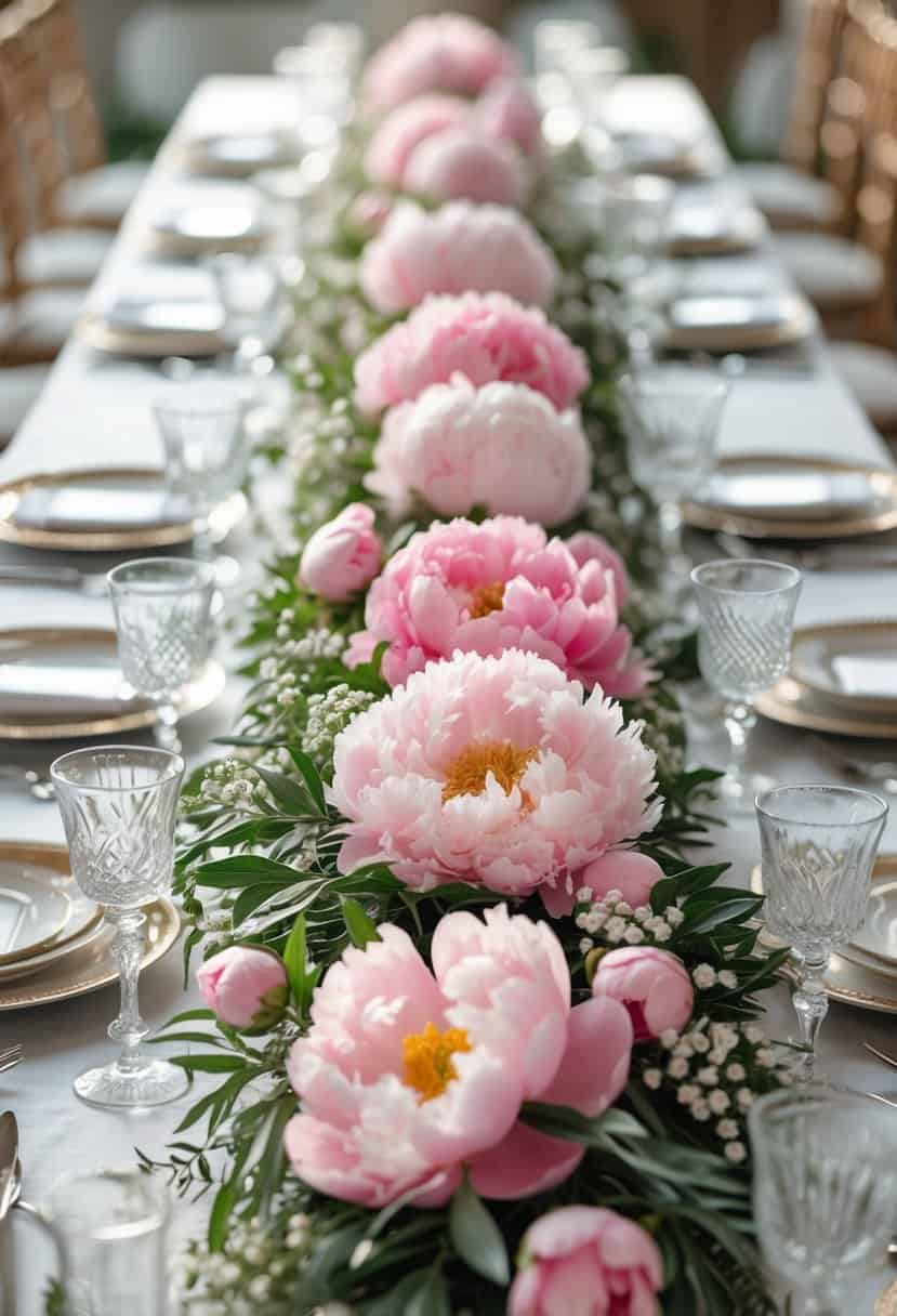 A wedding table decorated with a pink peony floral garland and elegant table settings.