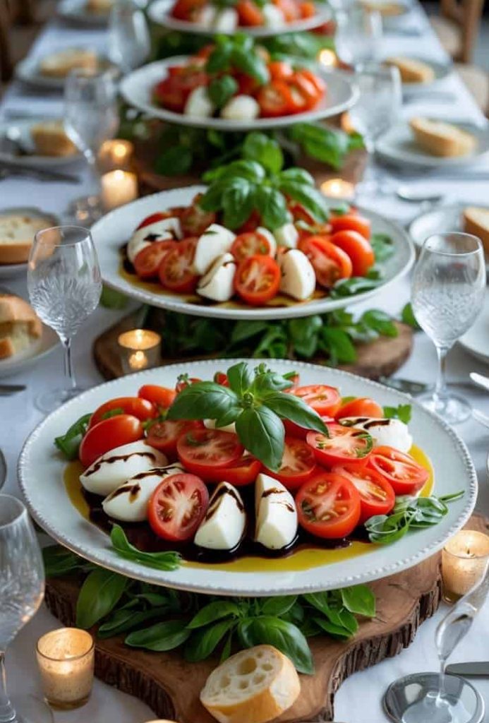 A long dining table set with caprese salads, bread, wine glasses, candles, and plates, prepared for a group meal.