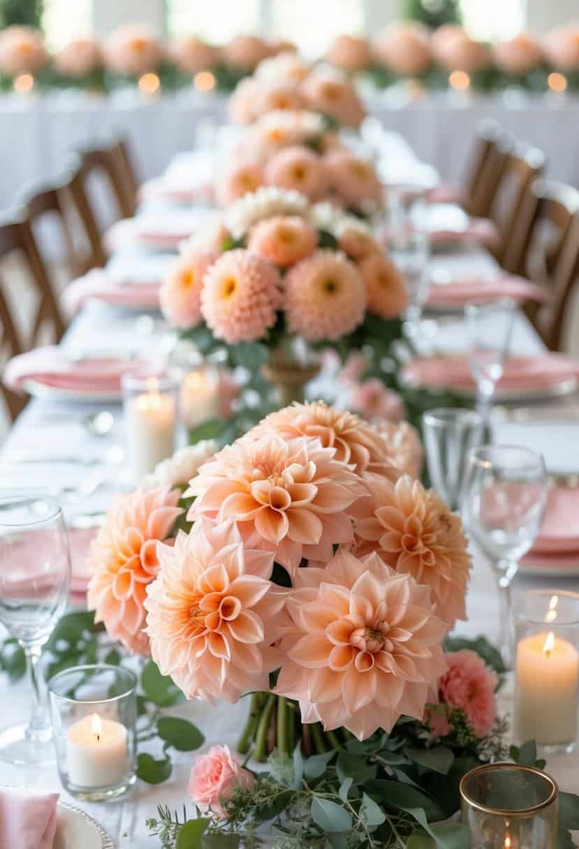 Wedding tables with peachy-pink dahlia bouquets as centerpieces, surrounded by glassware, candles, and soft pink decorations.