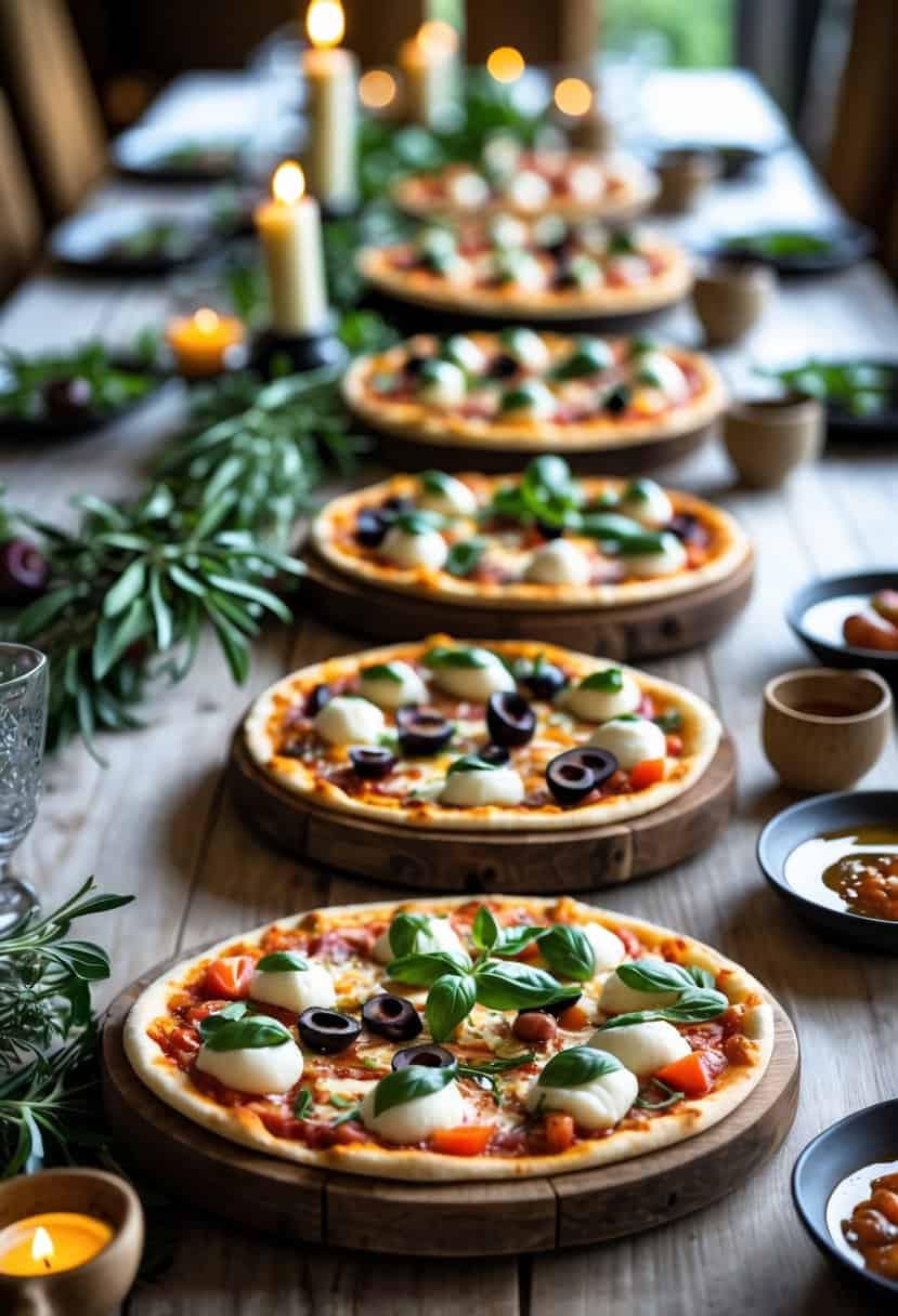 Mini pizzas arranged on wooden platters on a decorated dinner table with Italian-themed decor.